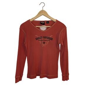 VINTAGE | Y2K Harley Davidson Worn-In Baby Doll Ribbed V-Neck T-Shirt Top